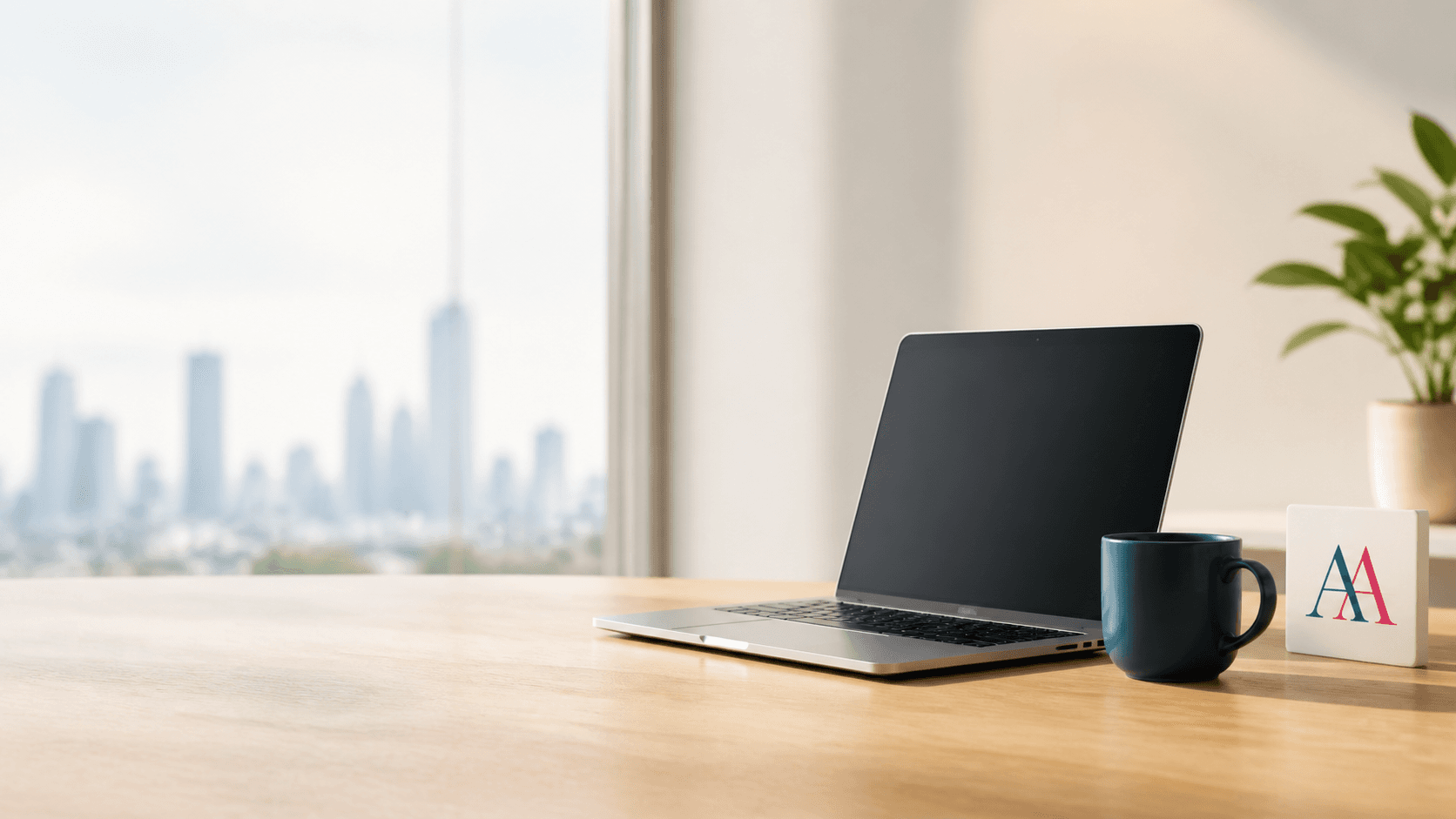 Escritório moderno com notebook, caneca e a marca A.A Consultoria